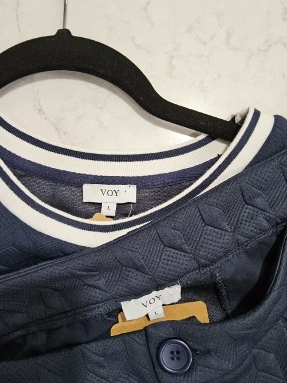 Navy Short Set with Striped Trim|| Size LARGE - Picture 2 of 2